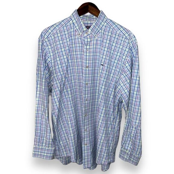 Vineyard Vines Green & Purple Check Whale Shirt Size L - Picture 1 of 8